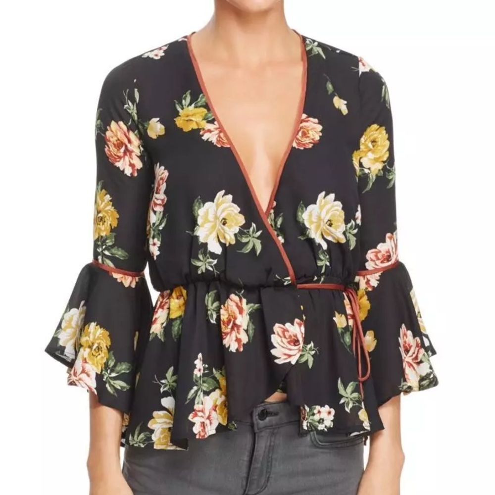 June & Hudson | Floral Peplum Bell Sleeve Wrap Top - Small